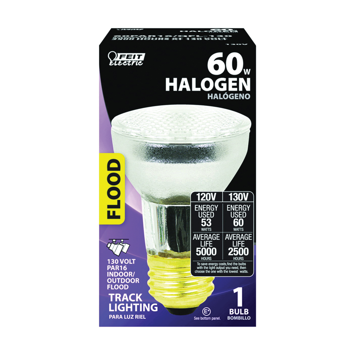 60PAR16/QFL-130 Halogen Bulb, 60 W, Medium E26 Lamp Base, PAR16 Lamp, Bright Light