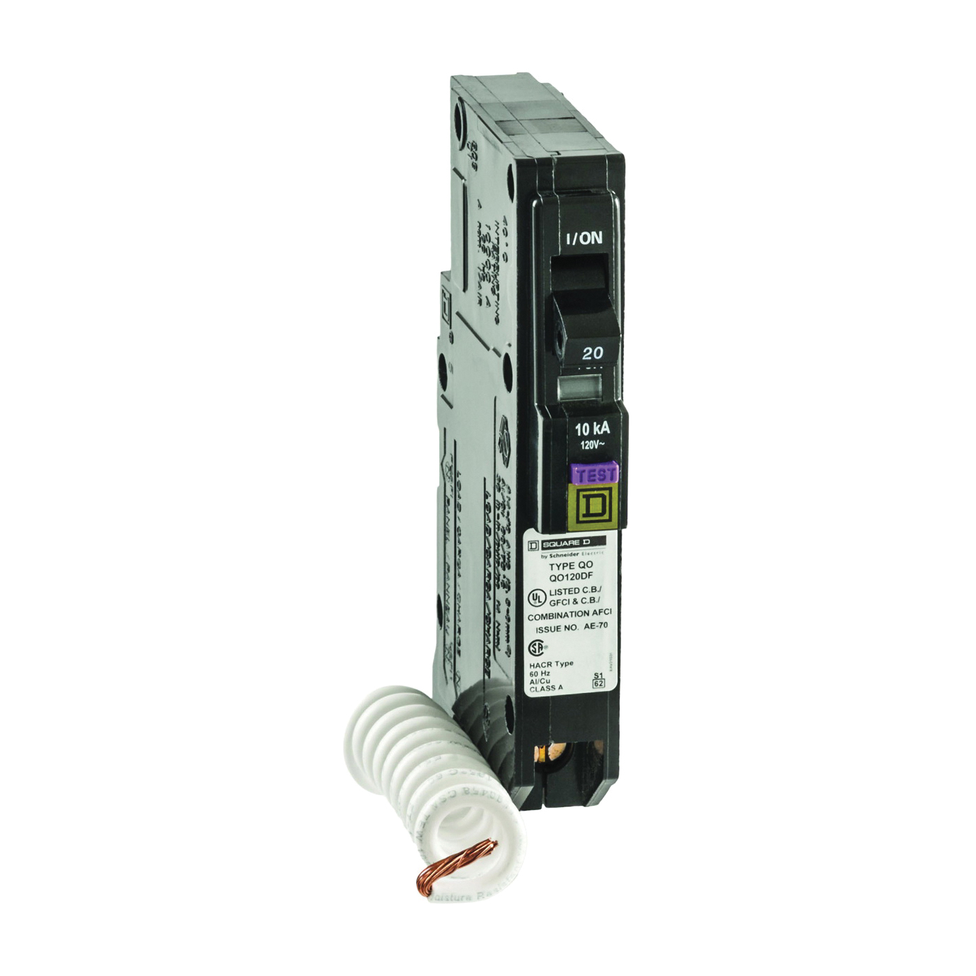 QO120DFC Circuit Breaker, CAFCI, Mini, 20 Amp, 1 -Pole, 120 V, Plug Mounting