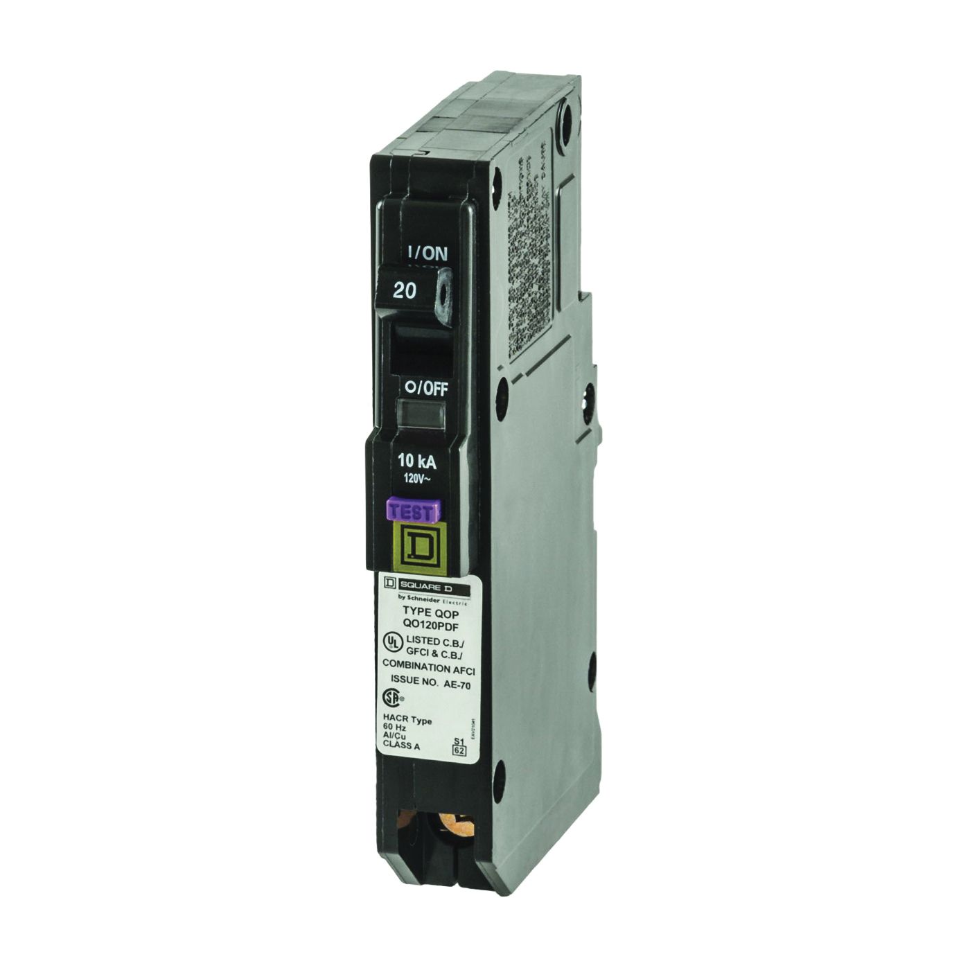 QO120PDFC Circuit Breaker, CAFCI, Mini, 20 Amp, 1 -Pole, 120 V, Plug Mounting