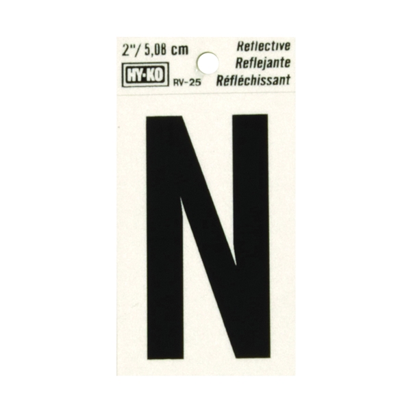 RV-25/N Reflective Letter, 1-1/2 in W x 3 in H Dimensions, Character: N, 2 in H Character, Black Character, Vinyl