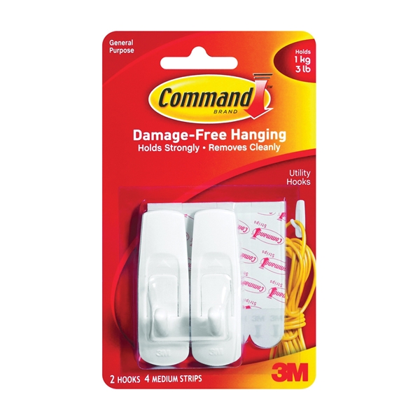 Command 17001 Utility Hook, 3 lb, 2-Hook, Plastic, White - 1