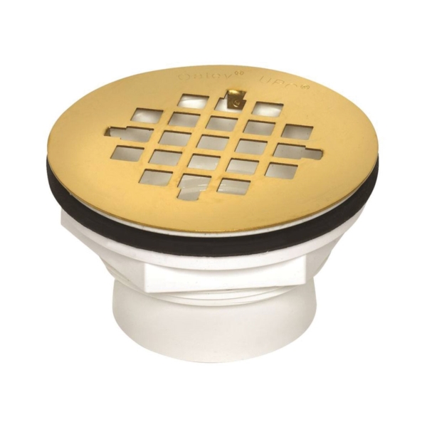 42078 PVC Shower Drain with Polished Brass Strainer, PVC, White, For: 2 in SCH 40 DWV Pipes