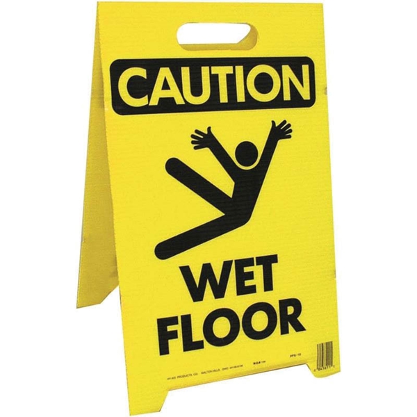 PFS-11 Caution Wet Floor Sign, 12-1/4 in W, Yellow Background, CAUTION SLIPPERY WHEN WET, English and Spanish