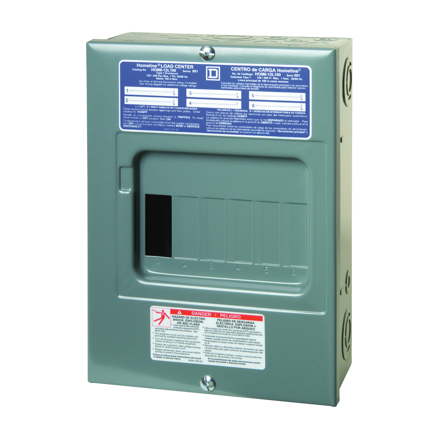 Homeline HOM612L100SCP Load Center, 100 A, 6 -Space, 12 -Circuit, Main Lug, NEMA 1 Enclosure, Gray