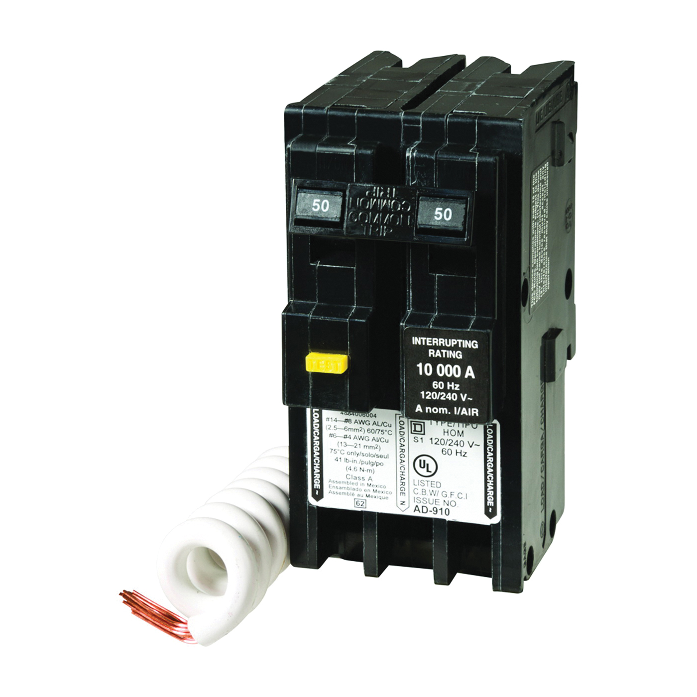 Homeline HOM250GFICP Circuit Breaker, GFCI, Mini, 50 Amp, 2 -Pole, 120/240 V, Fixed Trip, Plug Mounting