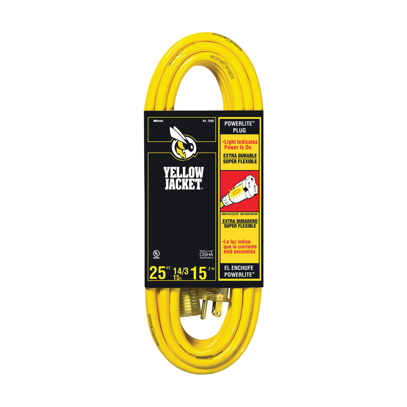 2886 Extension Cord, 14 AWG Cable, 25 ft L, 15 A, 125 V, Yellow