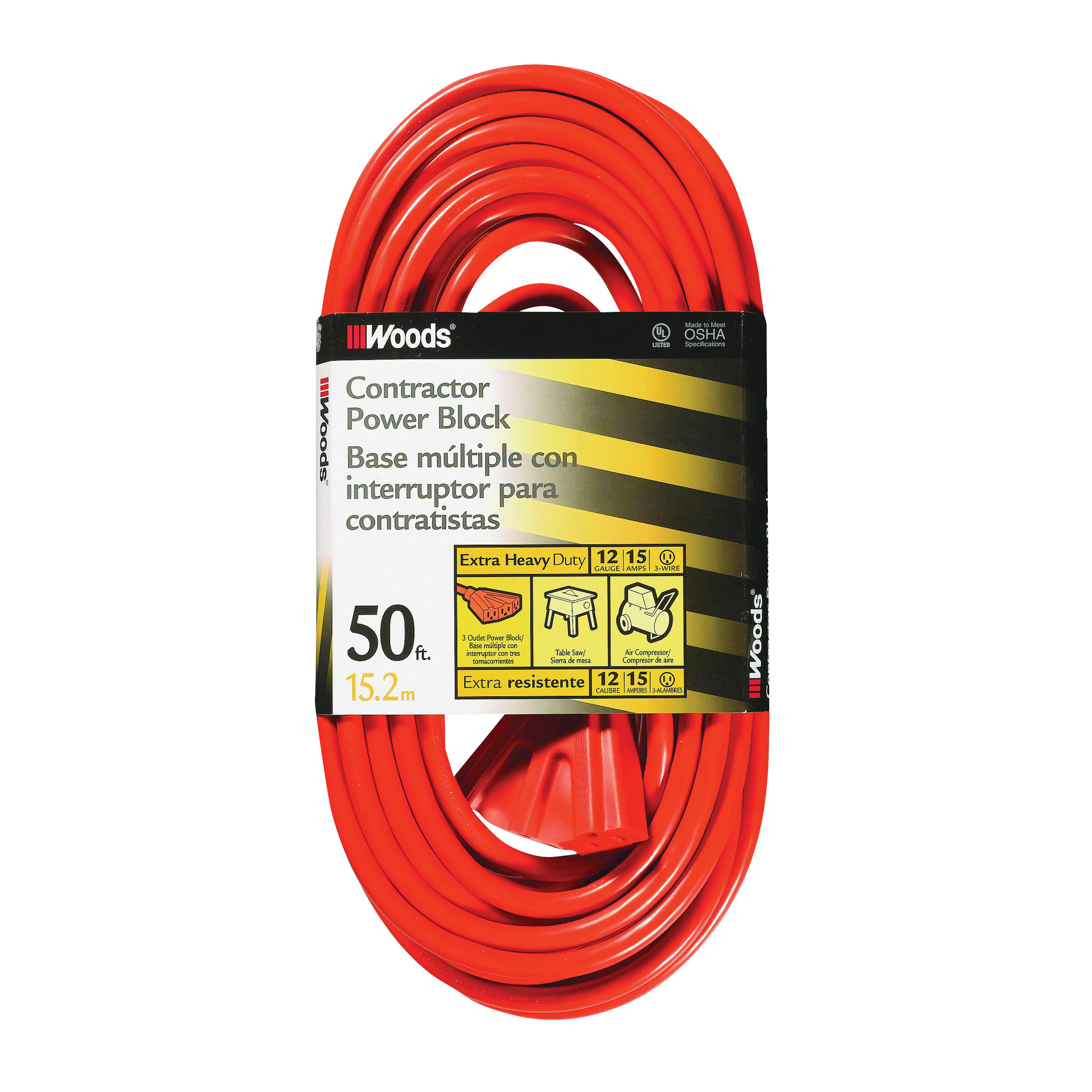 CCI 0819 Extension Cord, 12 AWG Cable, 50 ft L, 15 A, 125 V, Orange