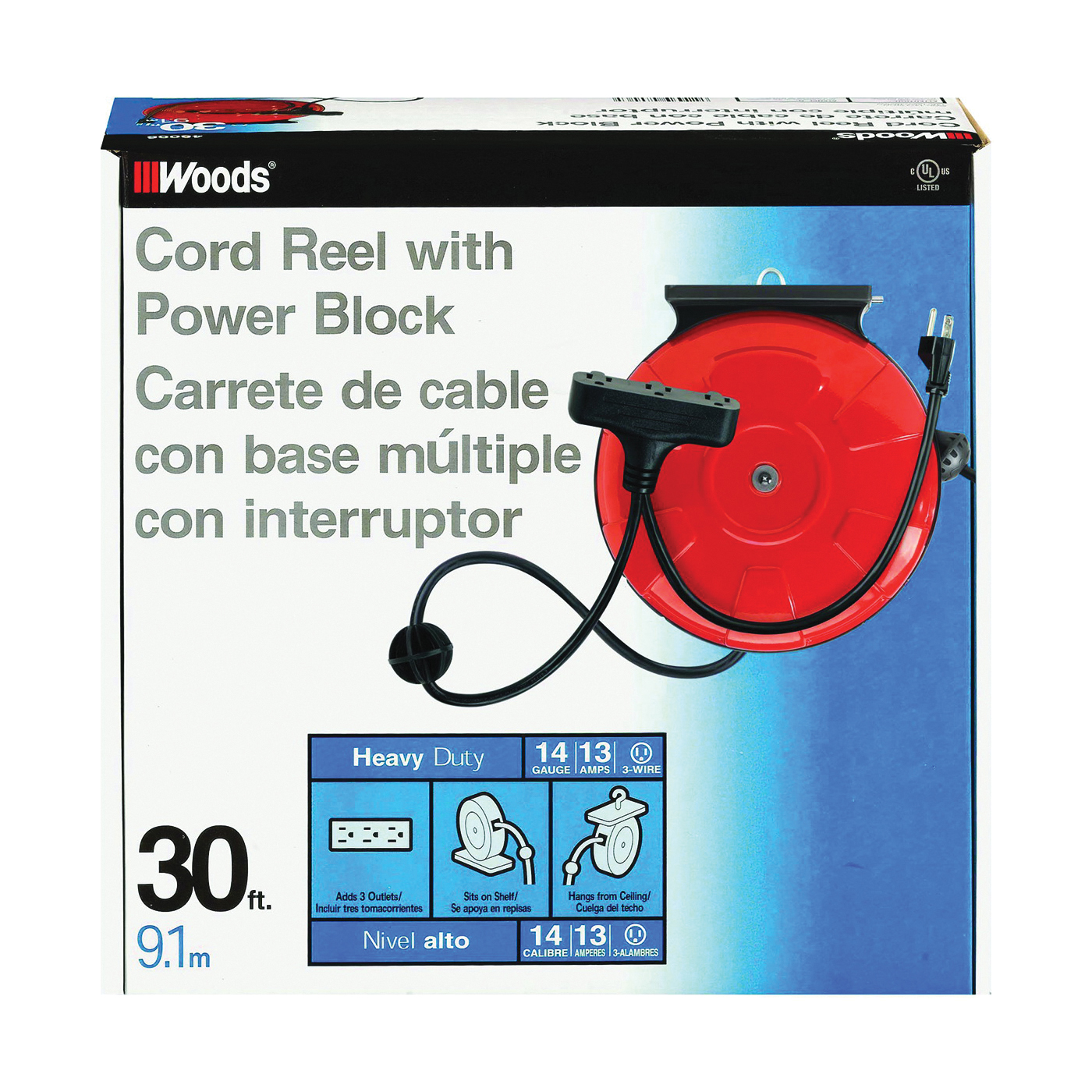 48006 Power Cord Reel, 30 ft L Cord, 14 AWG Wire, 125 V, Orange