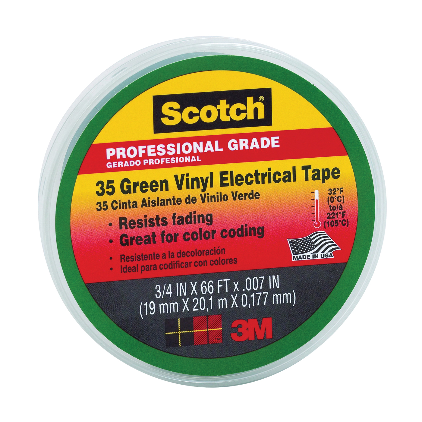 10851-DL-10 Electrical Tape, 66 ft L, 3/4 in W, PVC Backing, Green