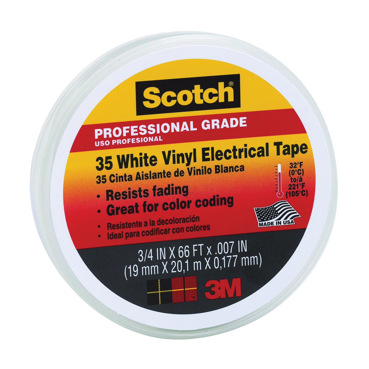 Scotch 10828-DL-2W Electrical Tape, 66 ft L, 3/4 in W, PVC Backing, White