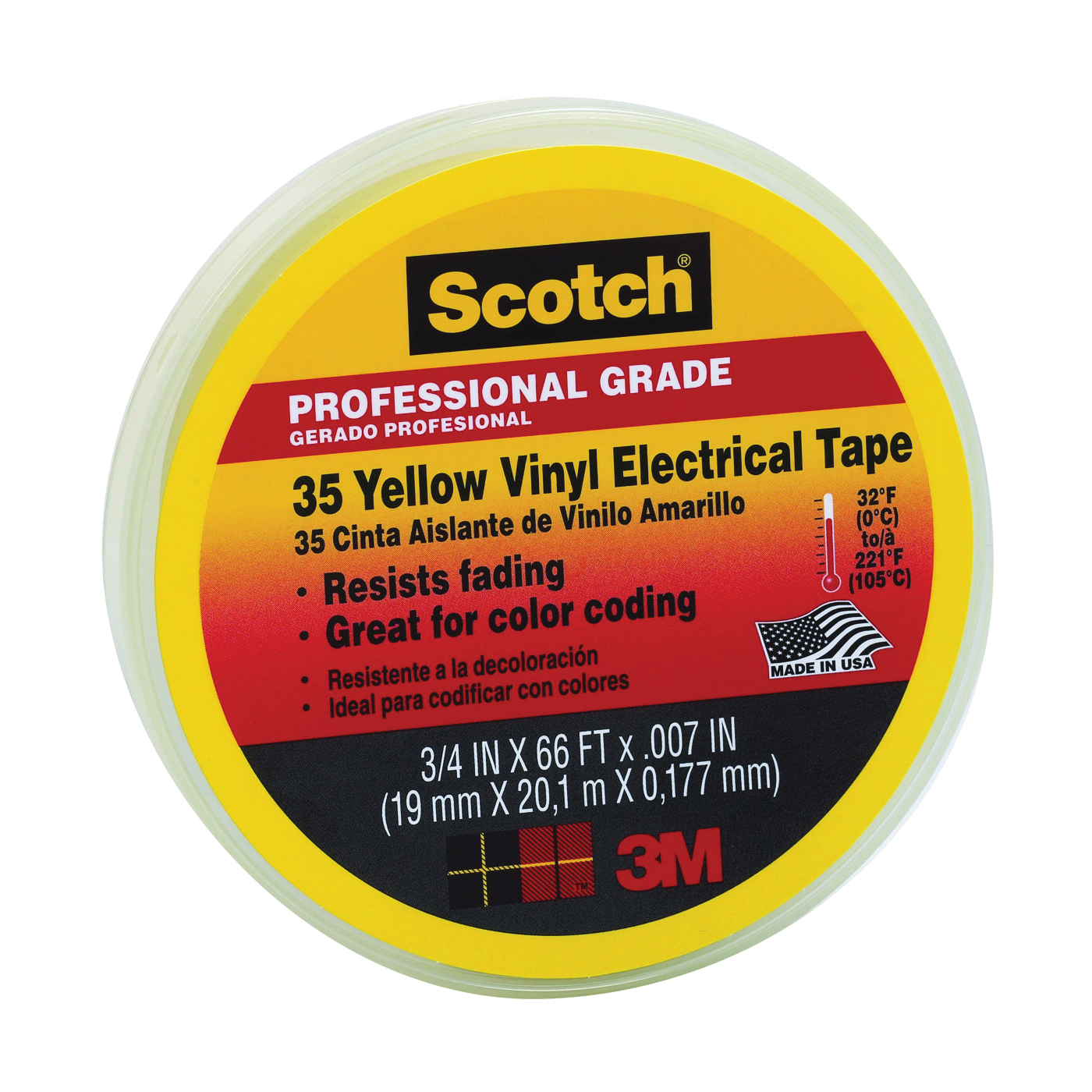 10844-DL-5 Electrical Tape, 66 ft L, 3/4 in W, PVC Backing, Yellow