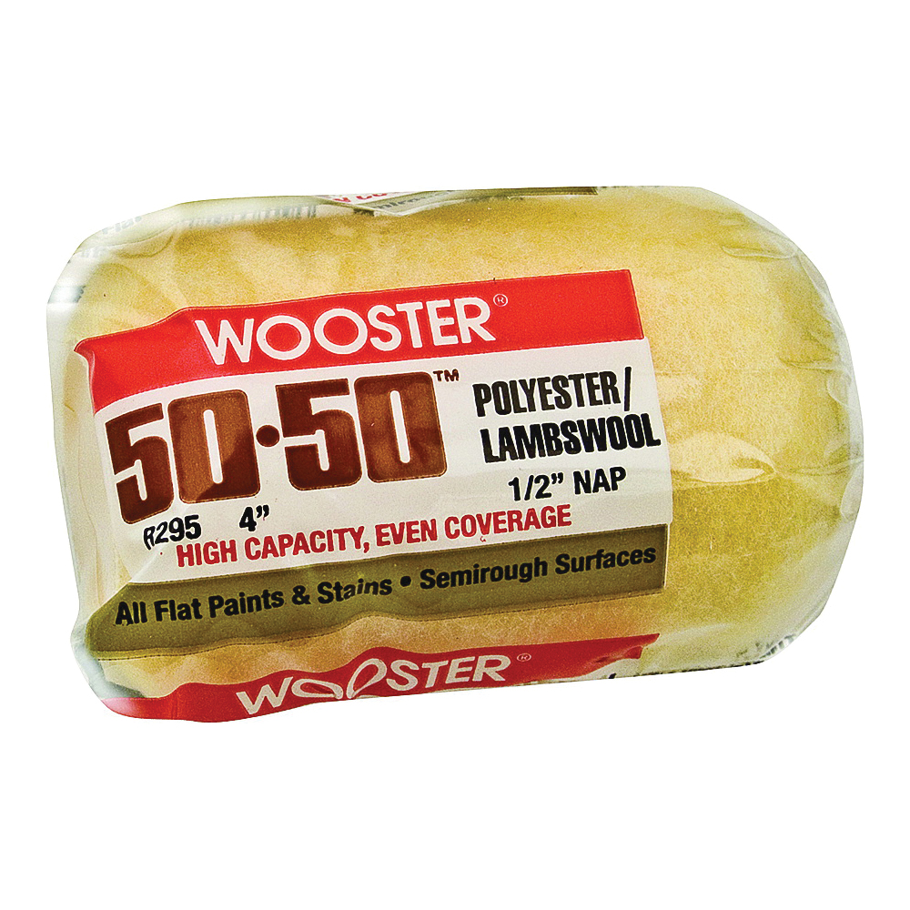 Wooster R295-4 Roller Cover, 1/2 in Thick Nap, 4 in L, Knit Fabric/Lambs Wool/Polyester Cover, Creamy