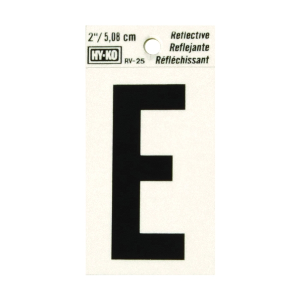 RV-25/E Reflective Letter, Character: E, 2 in H Character, Black Character, Silver Background, Vinyl