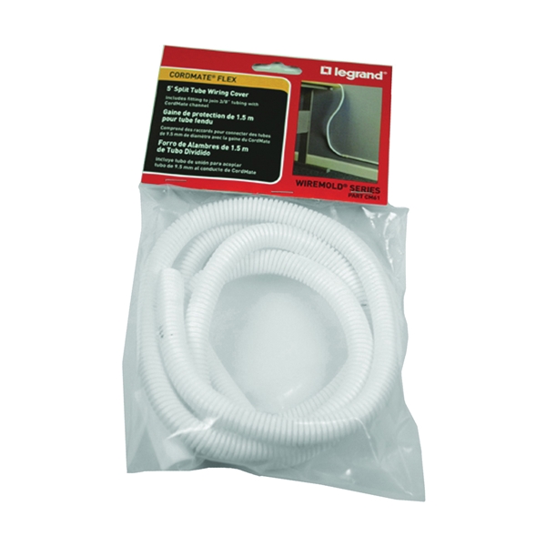 Wiremold CordMate CM61 Split Tubing, 3/8 in Cable, For: 3/8 in Tubing with a CordMate Channel, 5 ft L, Plastic, White