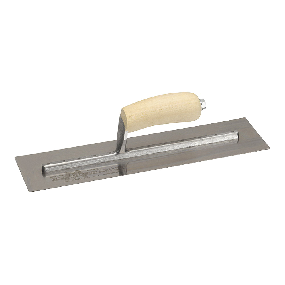 MXS64 Finishing Trowel, 14 in L Blade, 4 in W Blade, Spring Steel Blade, Square End, Curved Handle