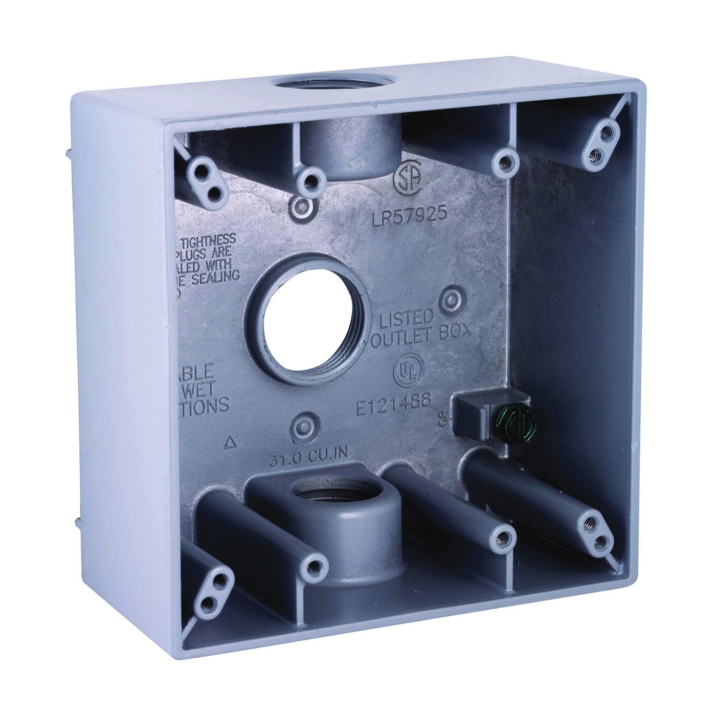 5341-0 Weatherproof Box, 3-Outlet, 2-Gang, Aluminum (Metal), Gray, Powder-Coated, Horizontal/Vertical