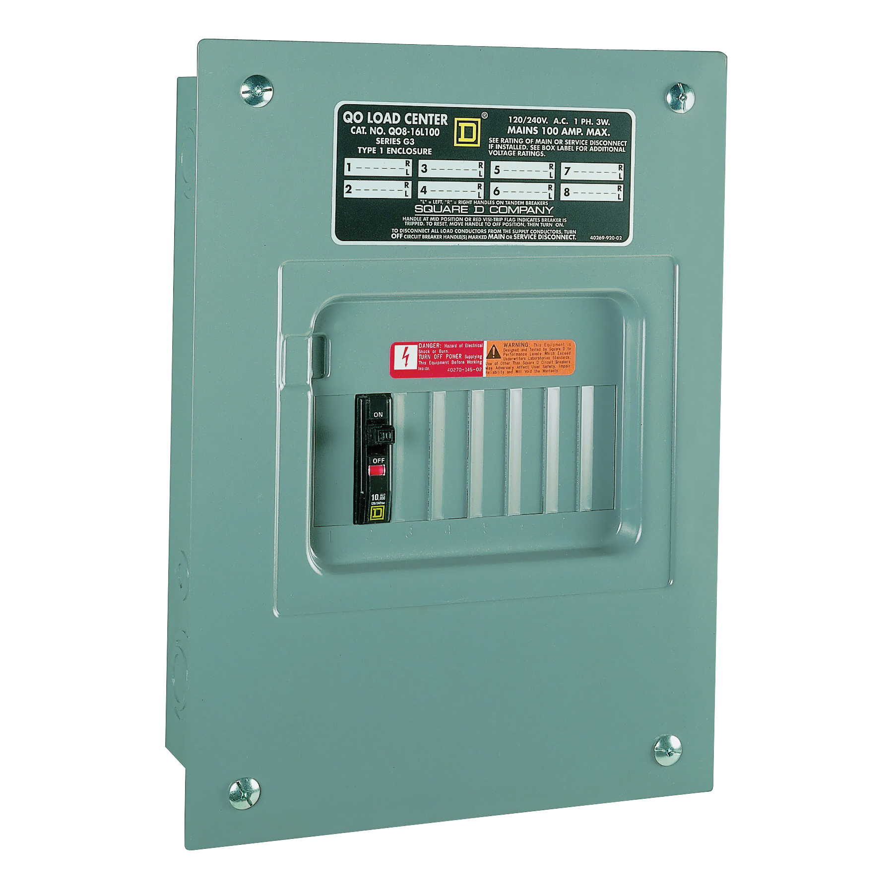 Square D QO QO816L100SCP Load Center, 100 A, 8-Space, 16-Circuit, Main Lug, NEMA 1 Enclosure, Gray, Plug