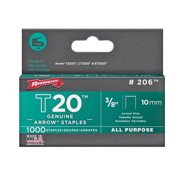 Arrow T20 Series 206 Staple, 5/16 in W Crown, 3/8 in L Leg