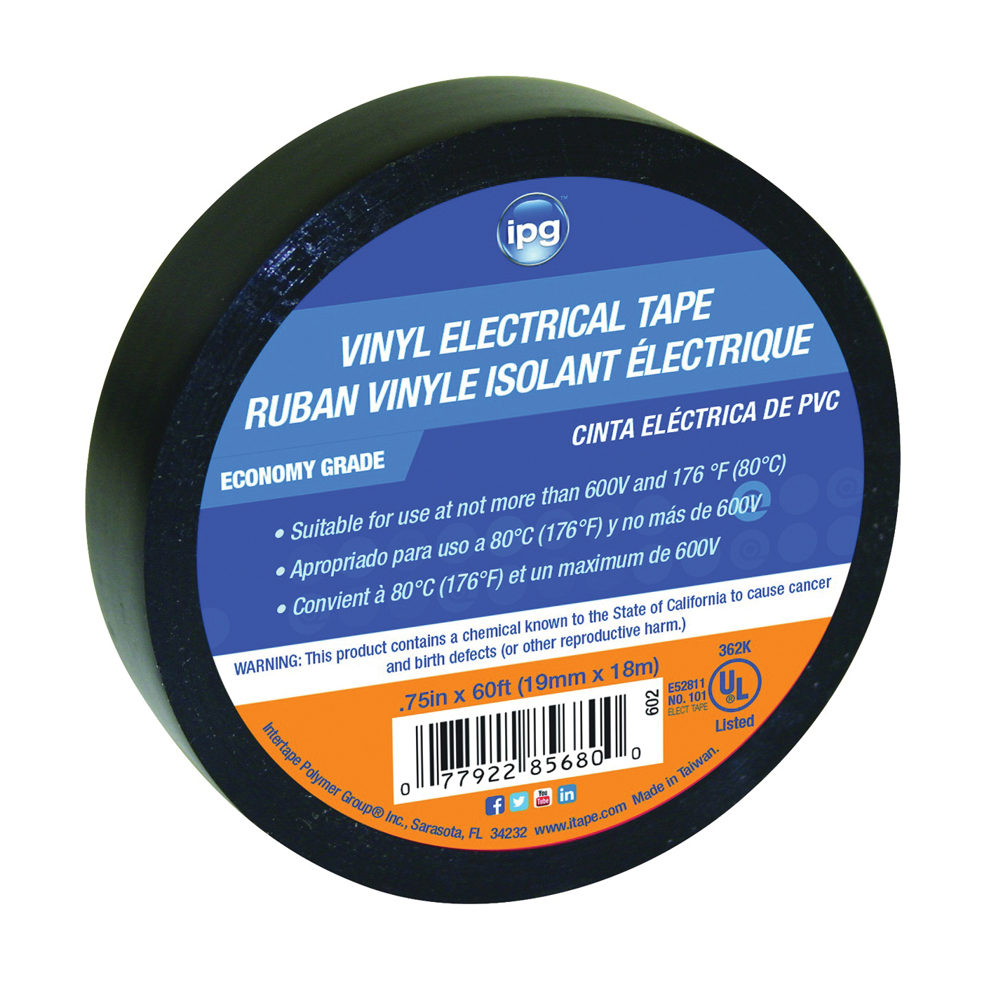602 Electrical Tape, 60 ft L, 3/4 in W, PVC Backing, Black