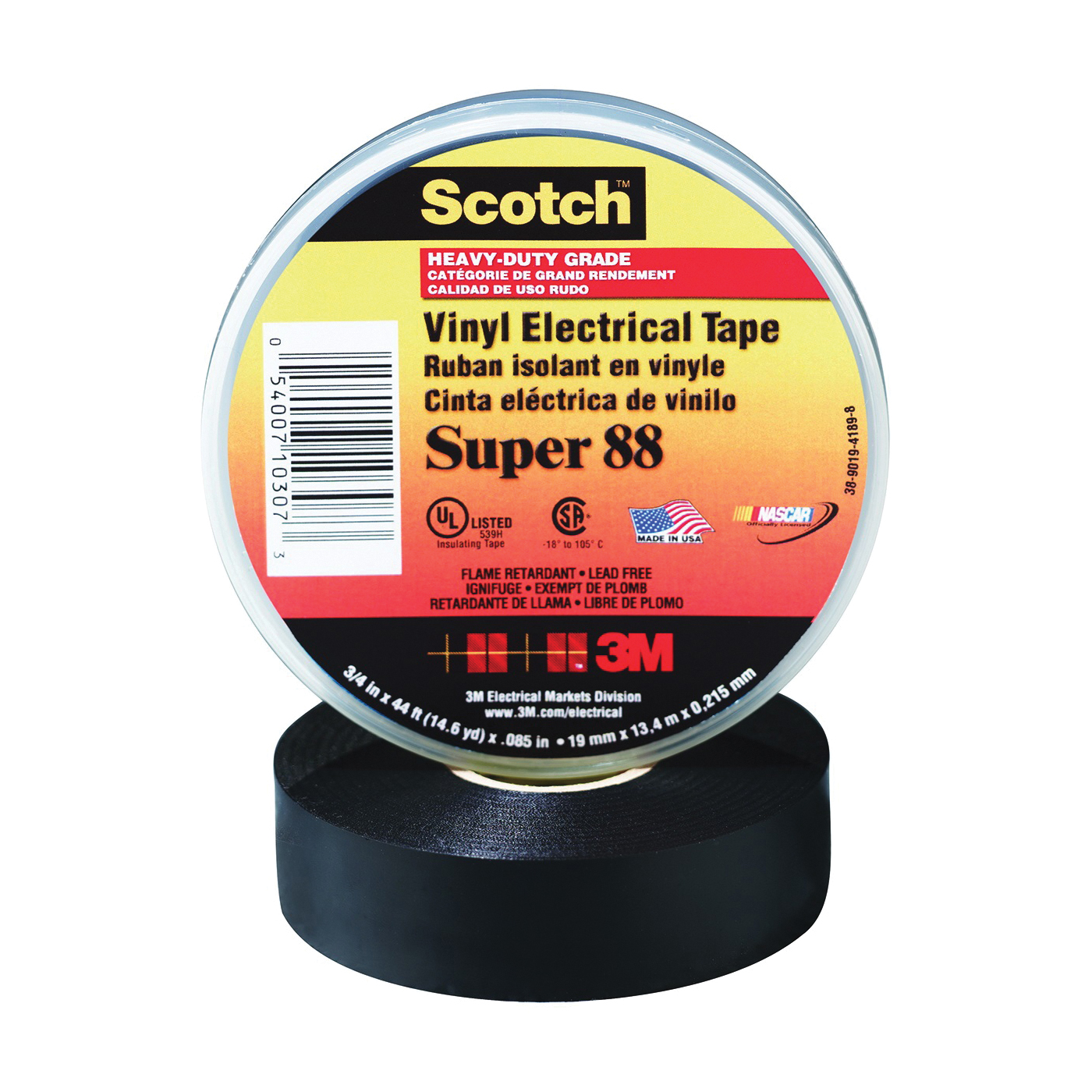 88 Electrical Tape, 66 ft L, 3/4 in W, PVC Backing, Black
