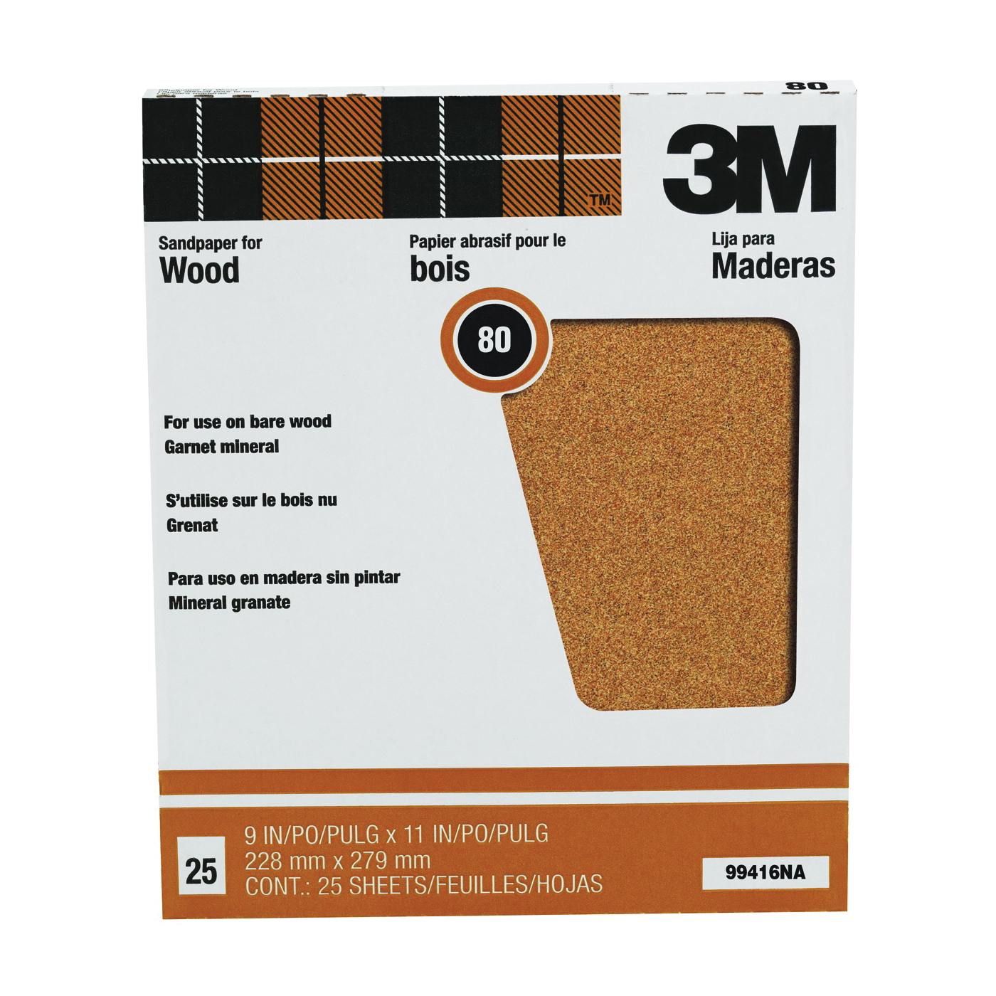 3M 99416 Sandpaper Sheet, 11 in L, 9 in W, Medium, 80 Grit, Garnet Abrasive, Paper Backing