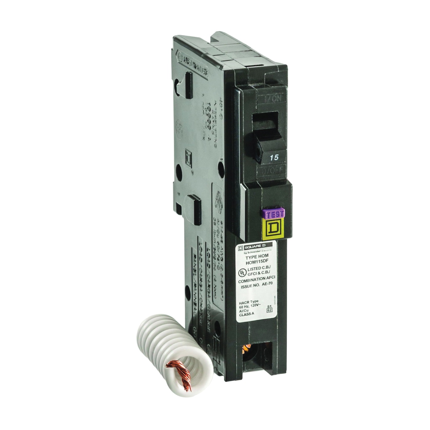 HOM115DFC Circuit Breaker, Dual Function, Mini, 15 Amp, 1 -Pole, 120 V, Plug Mounting