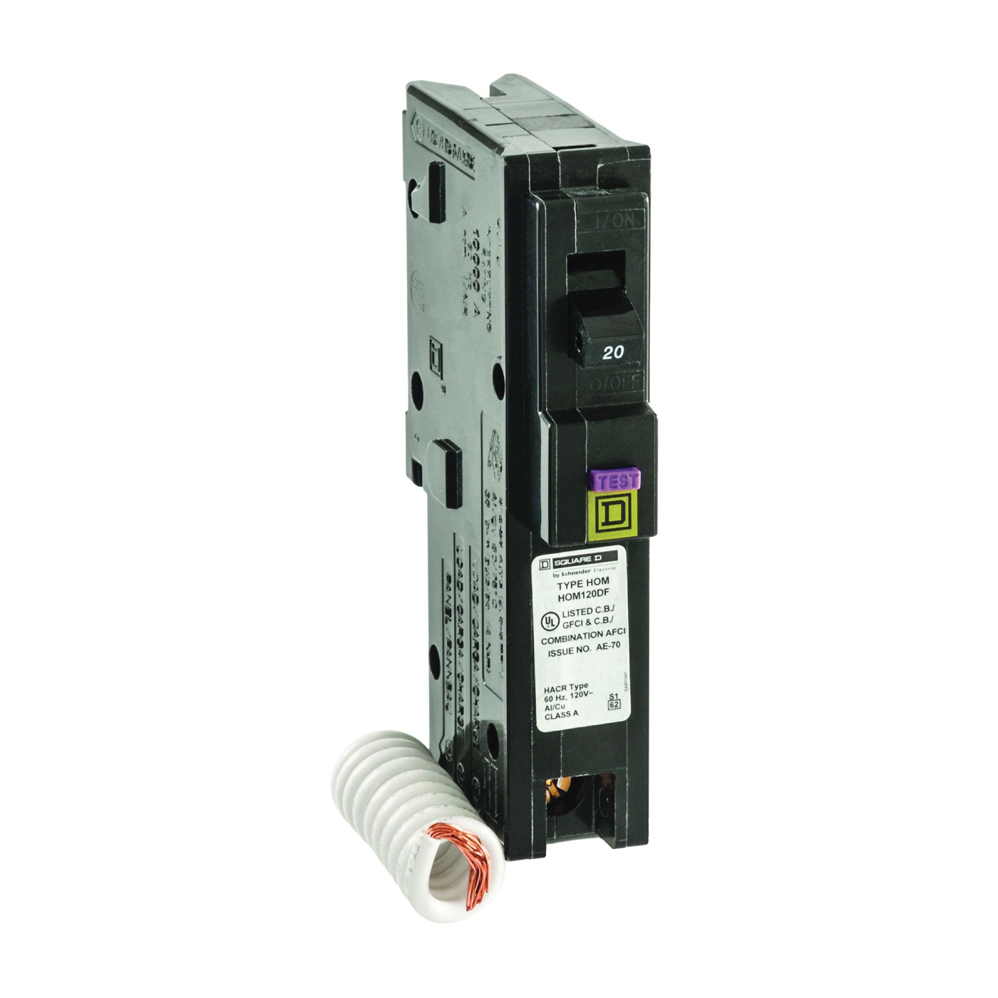 HOM120DFC Circuit Breaker, Dual Function, Mini, 20 Amp, 1 -Pole, 120 V, Plug Mounting