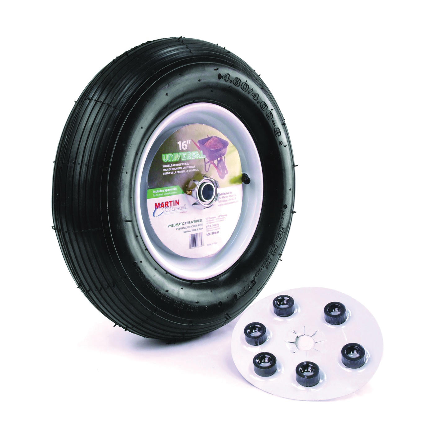 Wheel/Hub/Bearing Size Options White Rim Ribbed Tread Pattern 16 Flat Free Wheelbarrow Tire 
