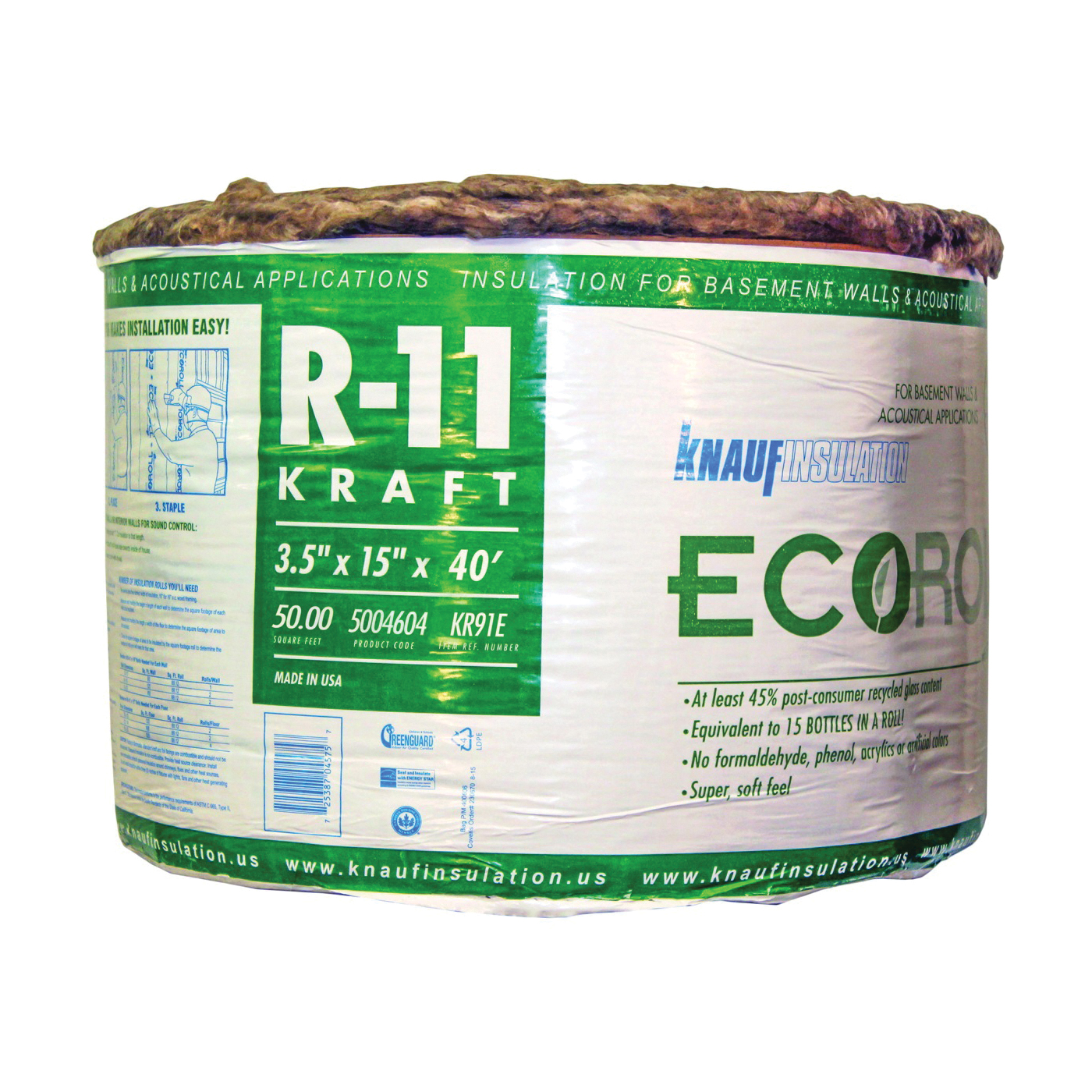 Knauf Insulation ECOROLL KR91E/TAK Insulation, 40 ft L, 15 in W, R11 R-Value, Fiberglass/Steel, Brown