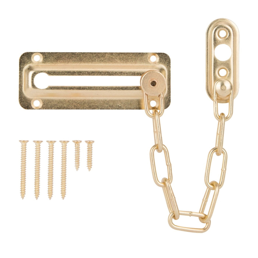 Chain Door Guard, 3-3/8 in L, 2 in W, Steel, Polished Brass