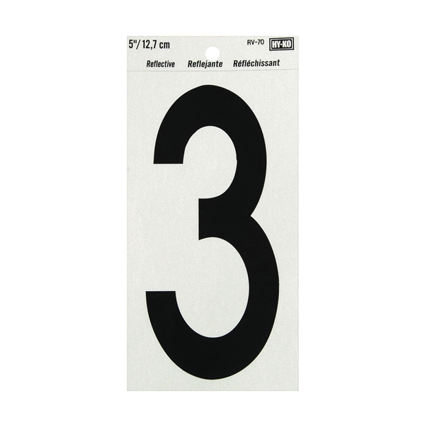 Hy-Ko RV-70/3 Reflective Sign, Character: 3, 5 in H Character, Black Character, Silver Background, Vinyl