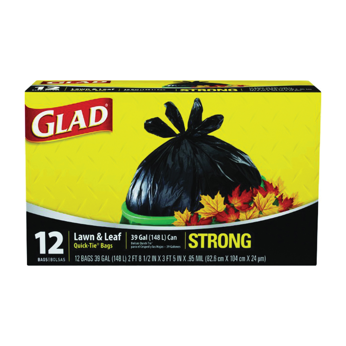 GLAD 70028 Lawn and Leaf Bag, 32-1/2 in L, 38 in W, 39 gal Capacity, Black, Drawstring Closure - 1