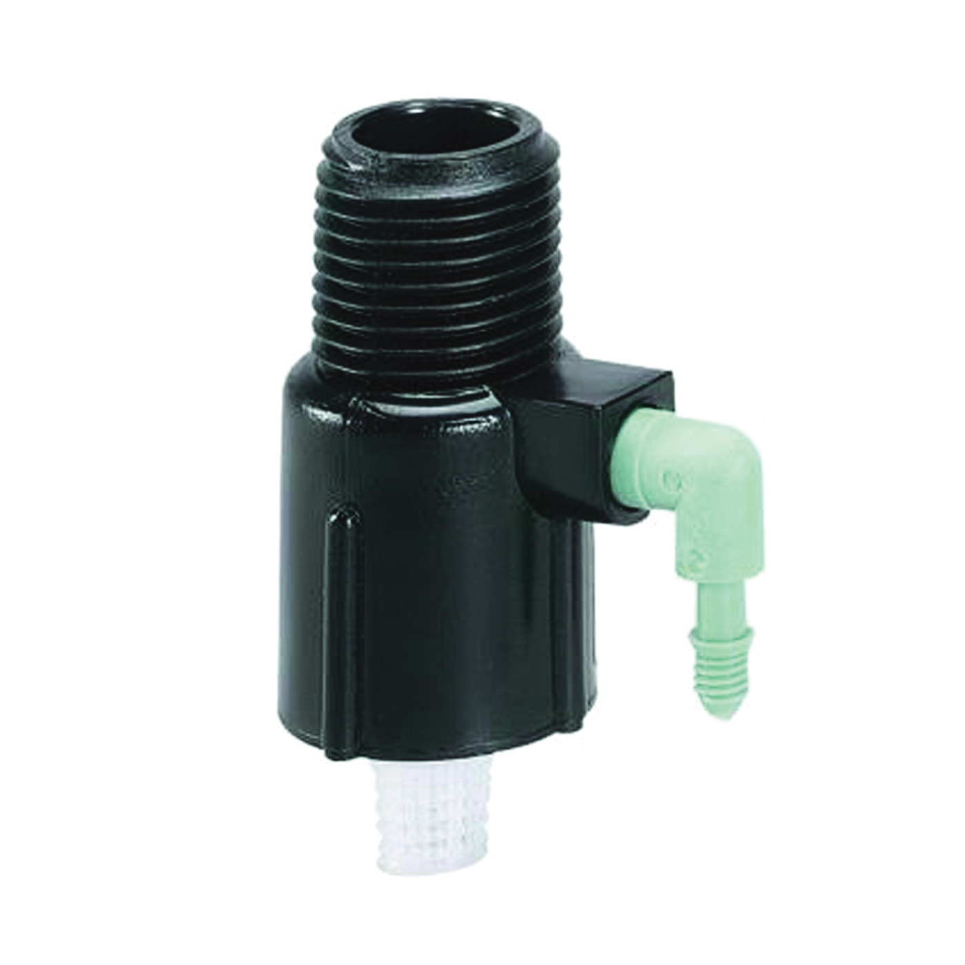 67050 Manifold, 1/2 x 1/4 in Connection, Thread x Barb, 1 -Port, 1/4 in Tubing, Plastic, Black