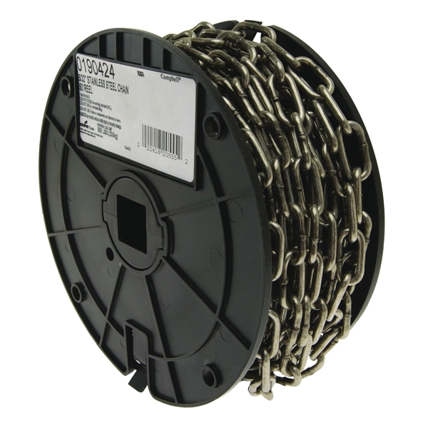 0190424 Chain, 5/32 in, 50 ft L, 500 lb Working Load, 316L Stainless Steel, Bright
