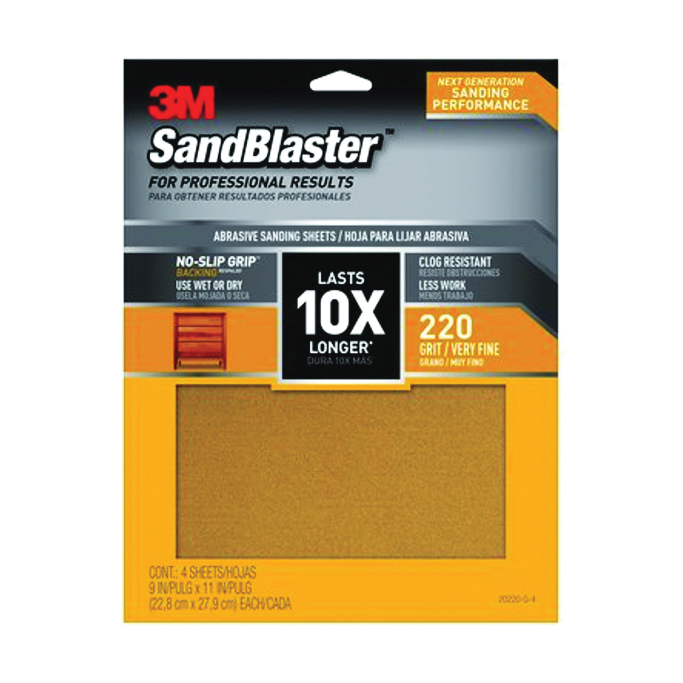 SandBlaster Series 20220-G-4 Sandpaper, 11 in L, 9 in W, 220 Grit, Fine, Aluminum Oxide Abrasive