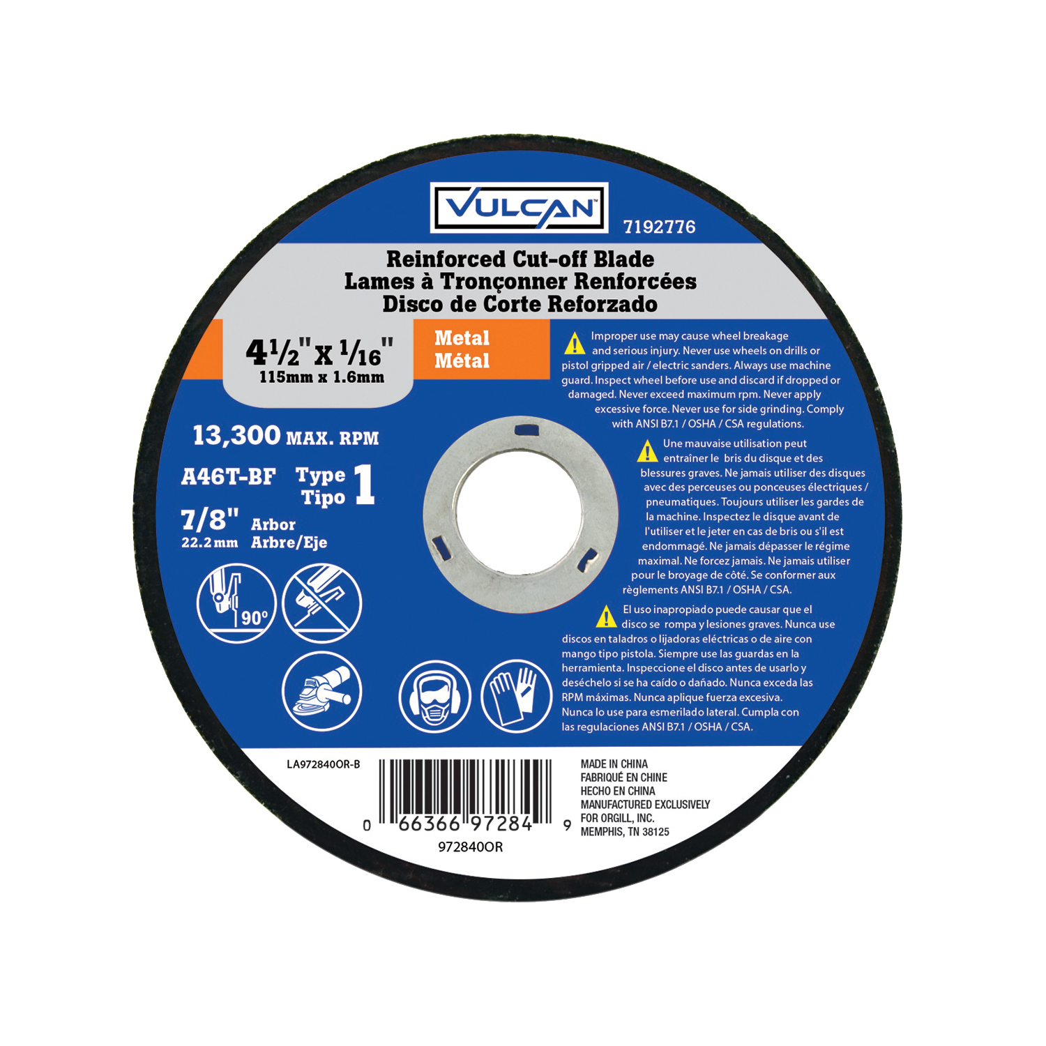 972840OR Type 1 Cut-Off Wheel, 4-1/2 in Dia, 1/16 in Thick, 7/8 in Arbor, Premium, Aluminum Oxide Abrasive