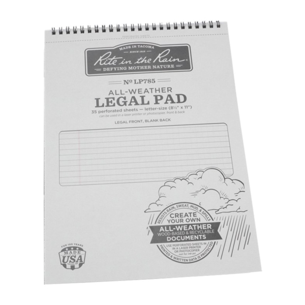 Rite in the Rain All-Weather LP785 Legal Pad, Perforated Sheet, 11 in L x 8-1/2 in W Sheet, 35-Sheet, Gray Sheet - 1