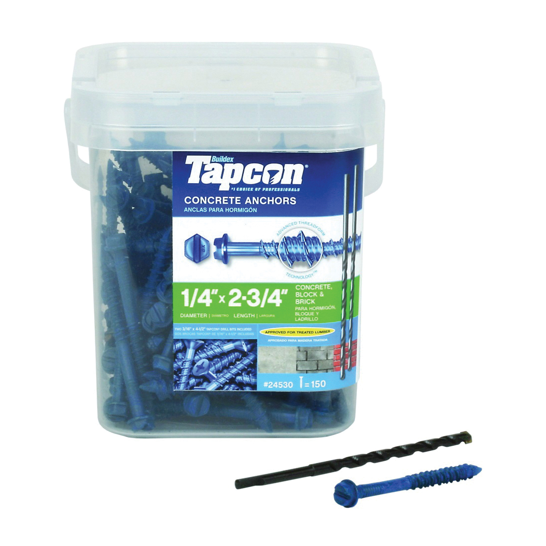 Tapcon 24530 Screw Anchor, 2-3/4 in L, Hex Drive, Steel, Climaseal