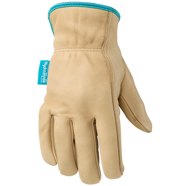 1167M Work Gloves, Women's, M, 7 to 7-1/2 in L, Elastic Cuff, Cowhide Leather, Blue/Brown/Tan