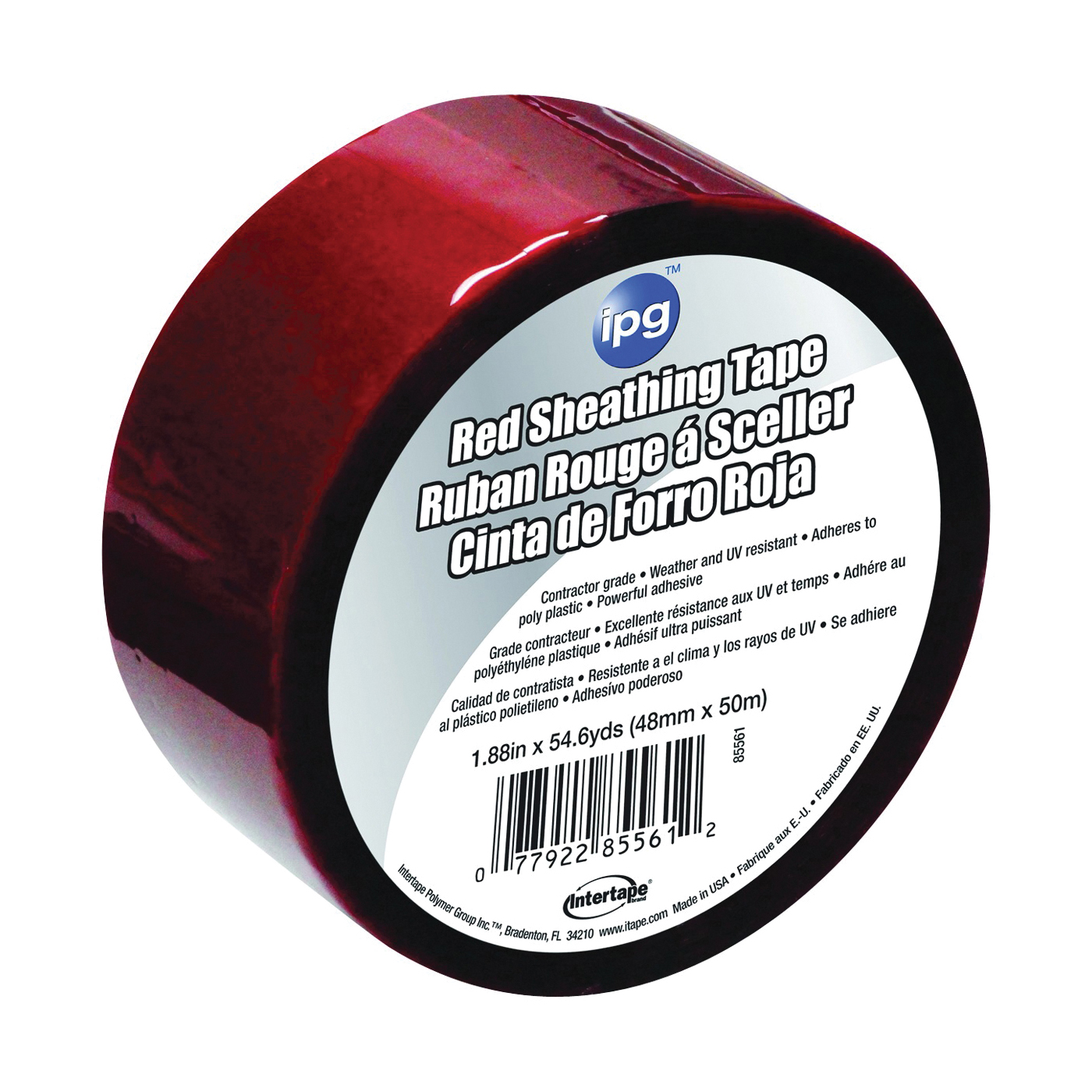 5561USR Sheathing Tape, 50 m L, 48 mm W, Polypropylene Backing, Red