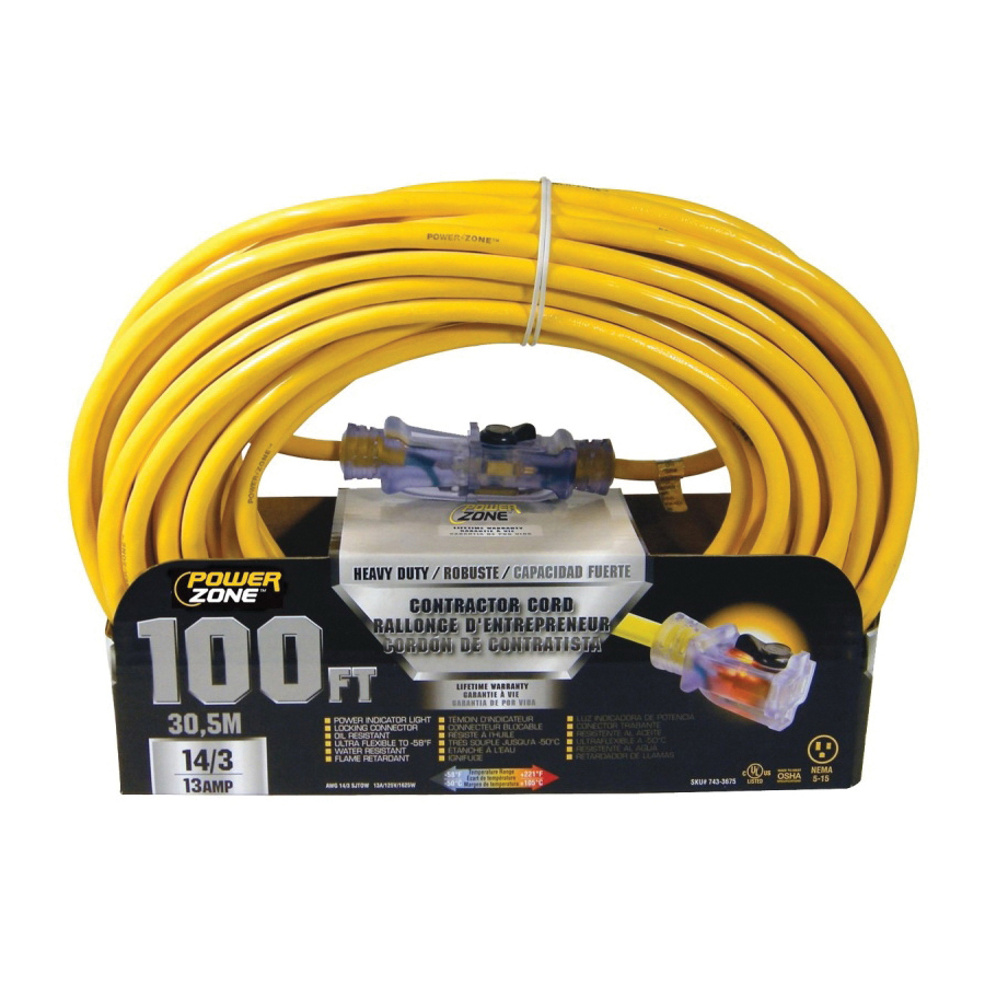 Contractor Cord, 14 AWG Cable, 100 ft L, 13 A, 125 V, Yellow