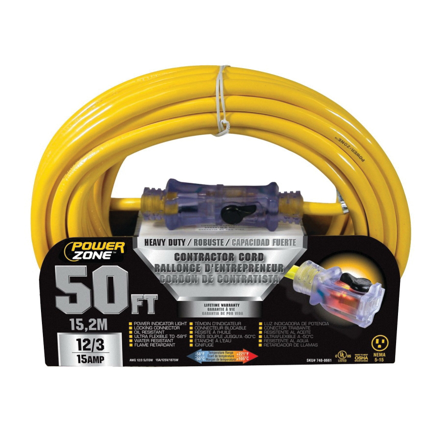Contractor Cord, 12 AWG Cable, 50 ft L, 15 A, 125 V, Yellow