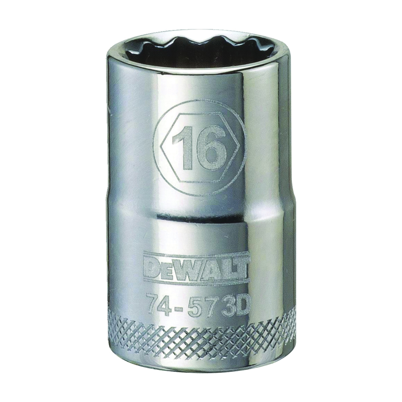 DWMT74573OSP Drive Socket, 16 mm Socket, 1-1/2 in OAL, 1/2 in Drive, 12 -Point, Vanadium Steel, Polished Chrome