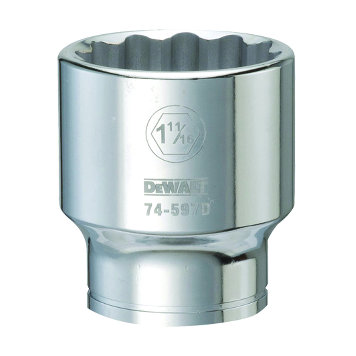DWMT74597OSP Drive Socket, 1-11/16 in Socket, 3/4 in Drive, 12-Point, Vanadium Steel, Polished Chrome