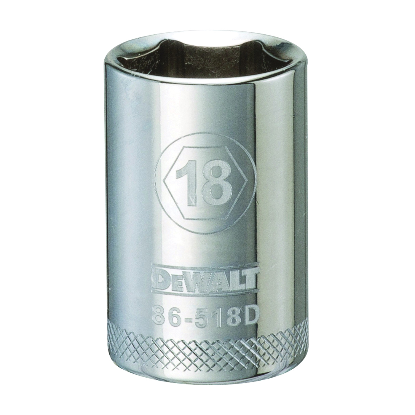 DWMT86518OSP Drive Socket, 18 mm Socket, 1-1/2 in OAL, 1/2 in Drive, 6 -Point, Vanadium Steel, Polished Chrome