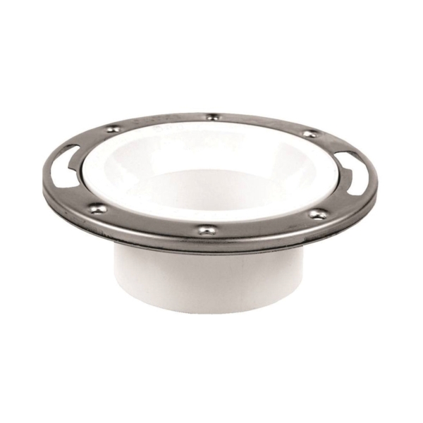 43495 Closet Flange, 3 or 4 in Connection, Solvent Weld, White PVC, Stainless Steel Ring, For: 3 in, 4 in Pipes