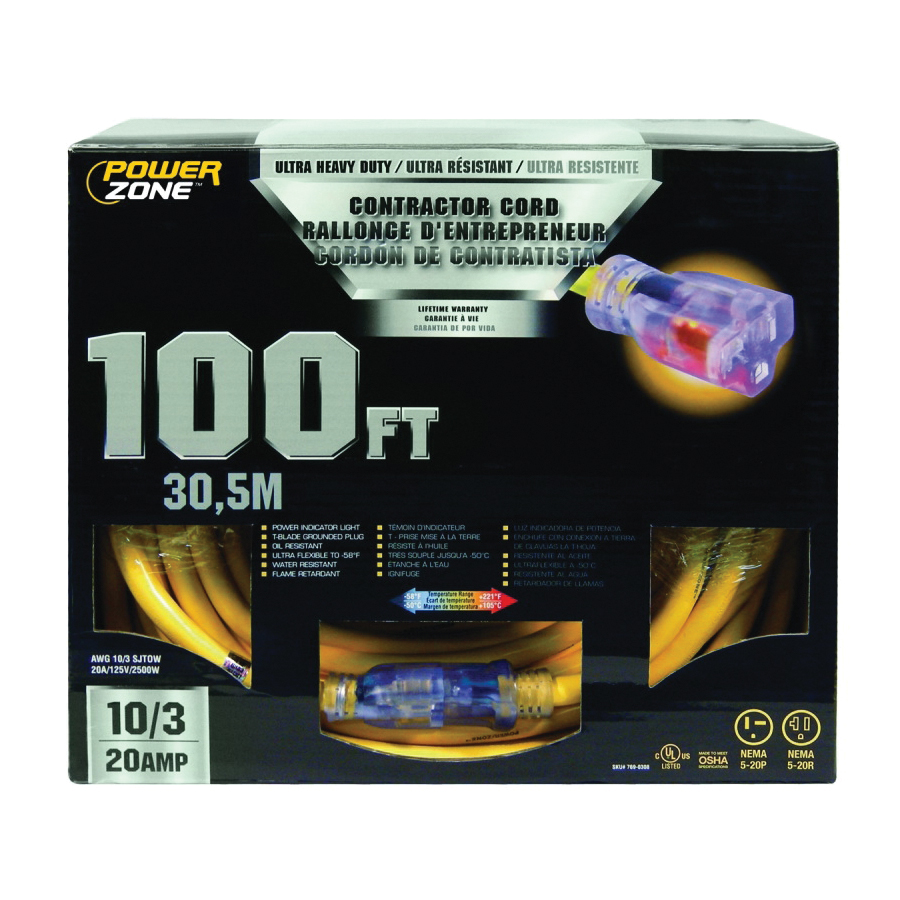 Contractor Cord, 10 AWG Cable, 100 ft L, 20 A, 125 V, Yellow