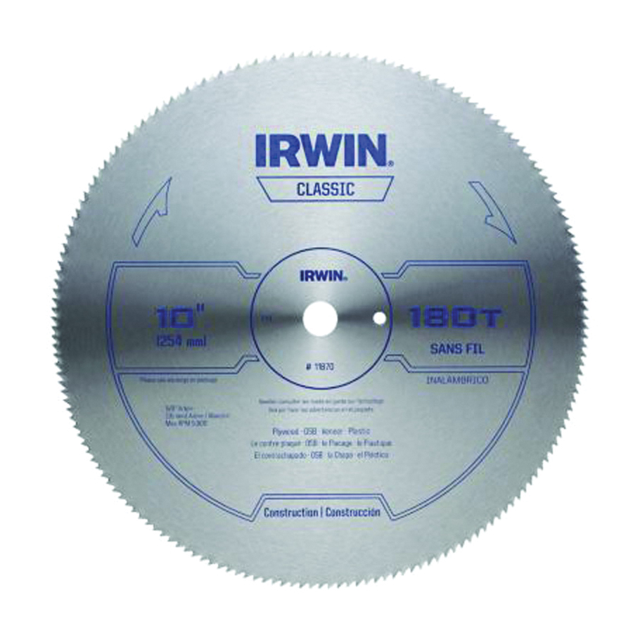 Irwin 11870 Circular Saw Blade, 10 in Dia, 5/8 in Arbor, 180-Teeth, HCS Cutting Edge, Applicable Materials: Wood