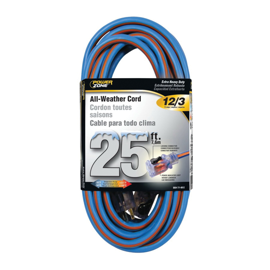 ORC530825 Extension Cord, 12 AWG Cable, 5-15P Grounded Plug, 5-15R Grounded Receptacle, 25 ft L, 125 V