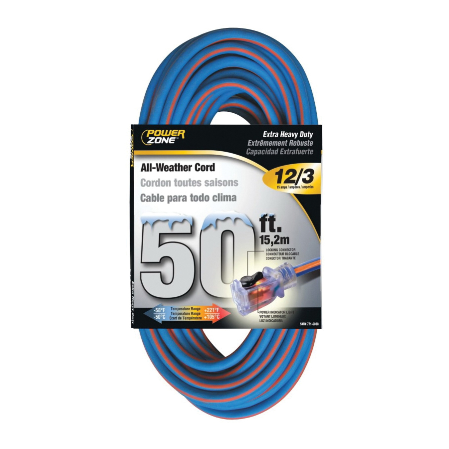 ORC530830 Extension Cord, 12 AWG Cable, 5-15P Grounded Plug, 5-15R Grounded Receptacle, 50 ft L, 125 V